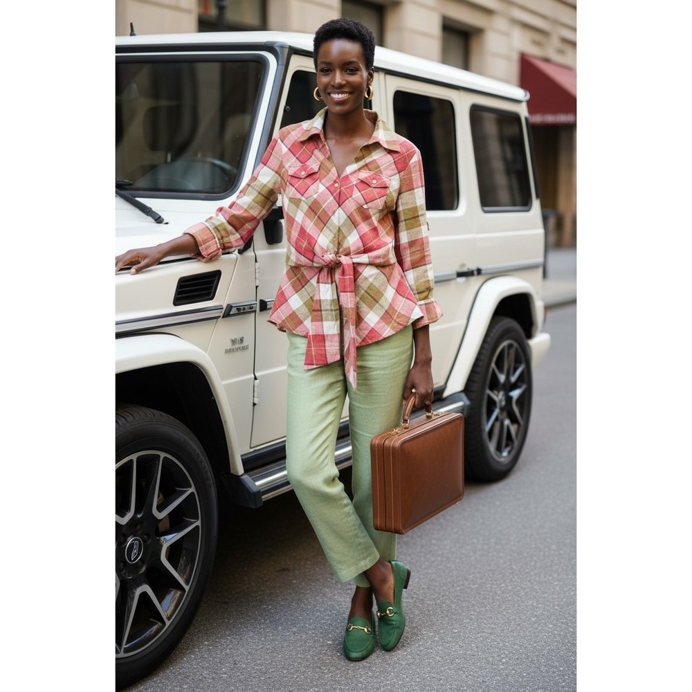 100% Linen Jones NY Pink Olive Plaid Tie Front Shirt Peplum M Workwear Linencore